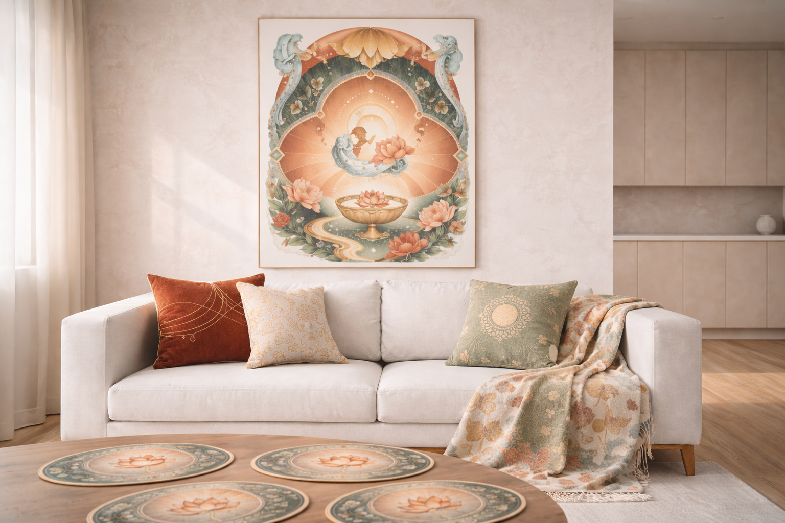 Attraction Capsule — styled flatlay showing poster, blanket, pillows and placemats